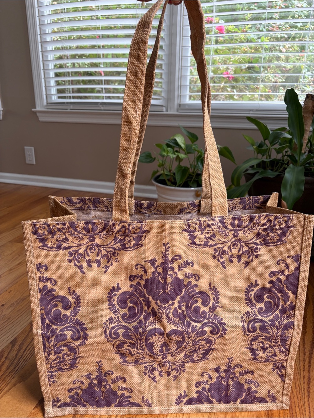 World Market Purple Damask Jute Large Tote Bag